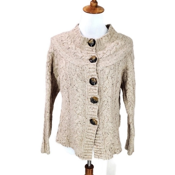 Eddie Bauer Beige Cable Knit fisherman Sweater Cardigan EUC - Picture 8 of 16